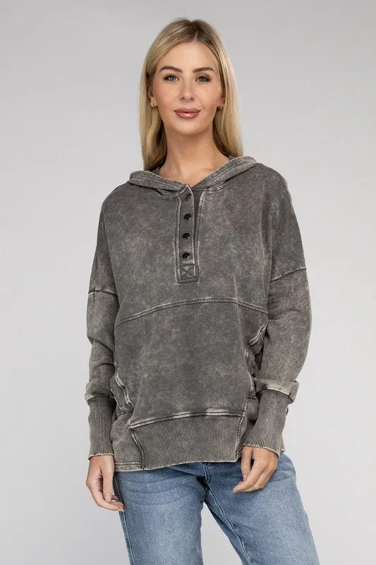 French Terry Acid Wash Front Pocket Hoodie
