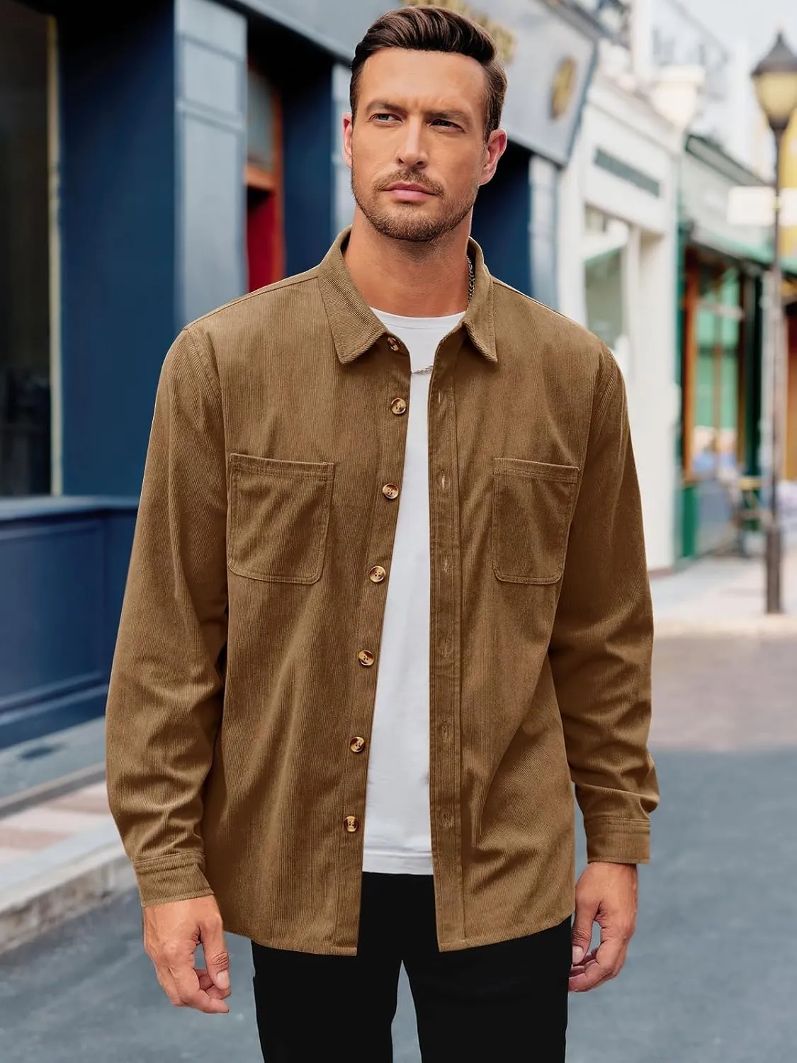 Gafeng Men's Casual Button Down Shirts Corduroy Long Sleeve Regular Fit Shacket Jacket with Flap Pocket