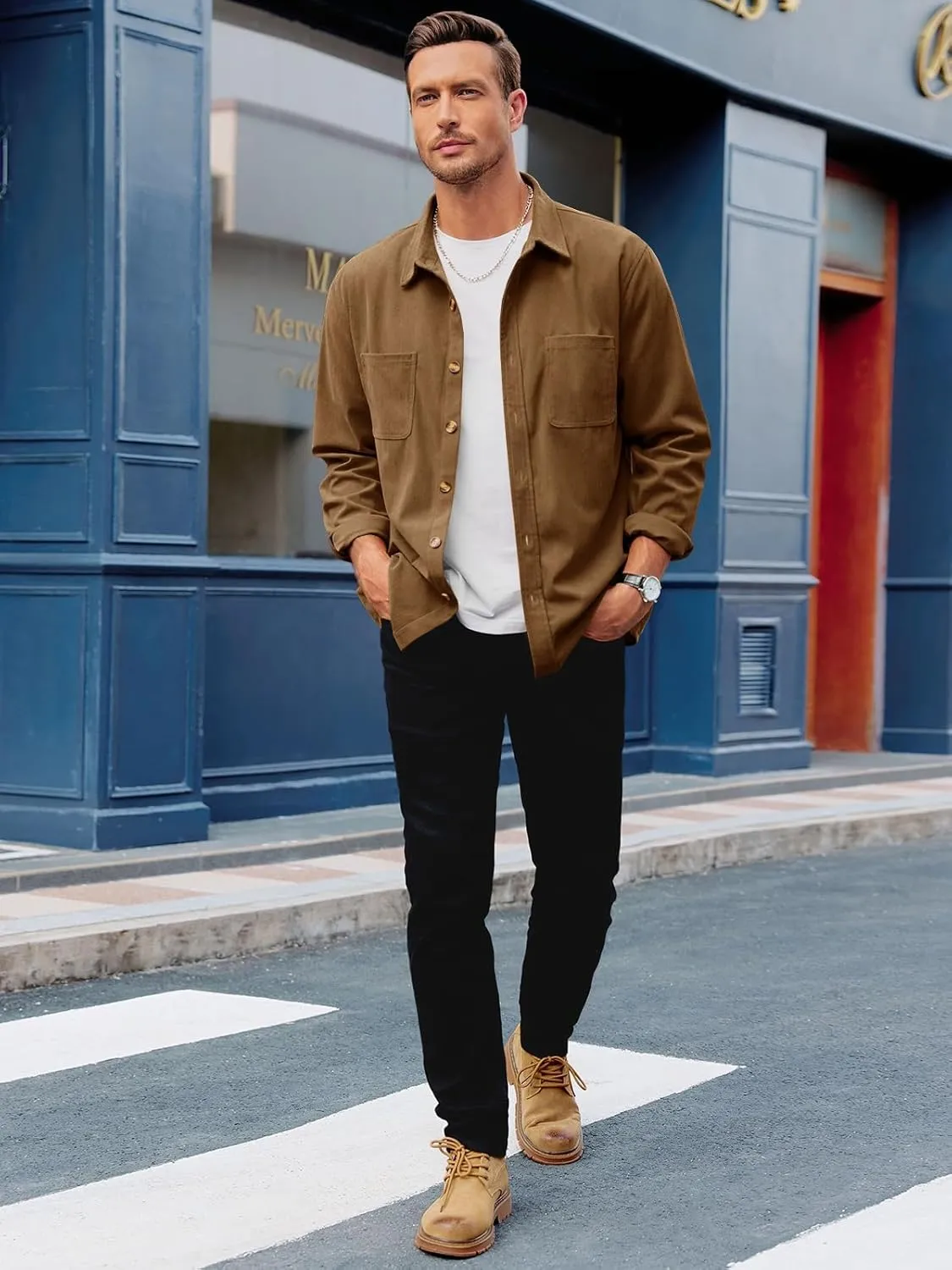 Gafeng Men's Casual Button Down Shirts Corduroy Long Sleeve Regular Fit Shacket Jacket with Flap Pocket