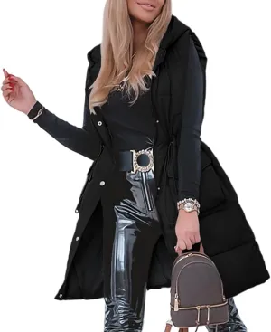Genayge Womens Long Puffer Vest Quilted Sleeveless Jacket Winter Padded Coat Zip Up Hooded Outerwear With Pockets