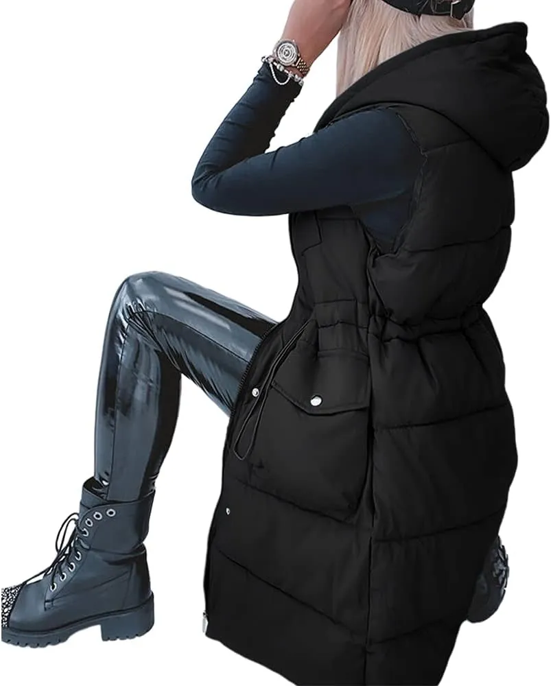 Genayge Womens Long Puffer Vest Quilted Sleeveless Jacket Winter Padded Coat Zip Up Hooded Outerwear With Pockets