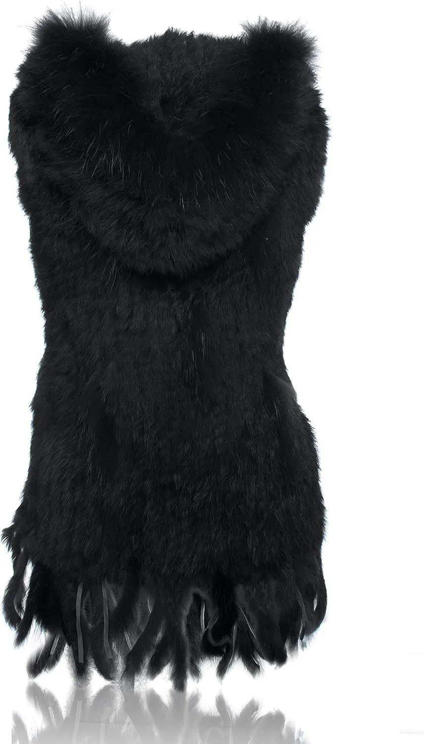Genuine Rabbit Fur Coat for Women With Raccoon Trim Collar, Hooded Vest, Soft and Comfortable