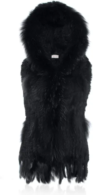 Genuine Rabbit Fur Coat for Women With Raccoon Trim Collar, Hooded Vest, Soft and Comfortable