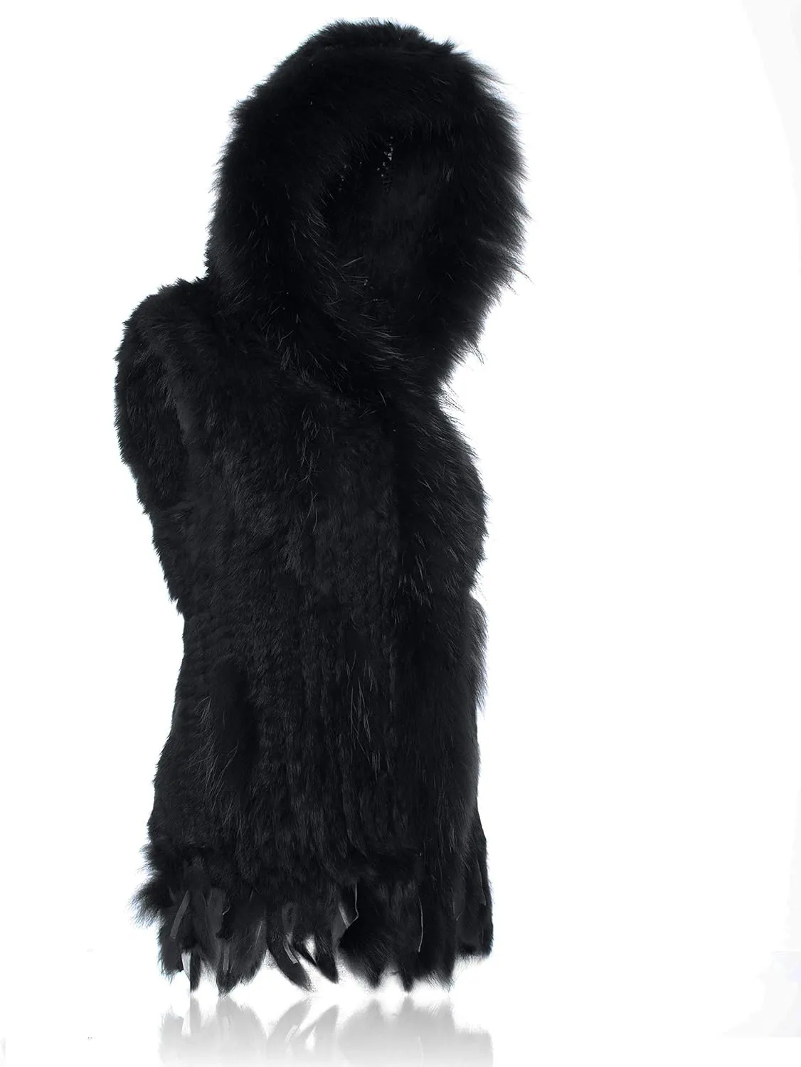 Genuine Rabbit Fur Coat for Women With Raccoon Trim Collar, Hooded Vest, Soft and Comfortable
