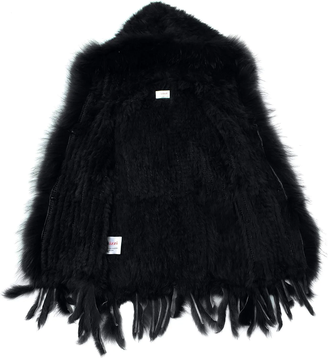 Genuine Rabbit Fur Coat for Women With Raccoon Trim Collar, Hooded Vest, Soft and Comfortable