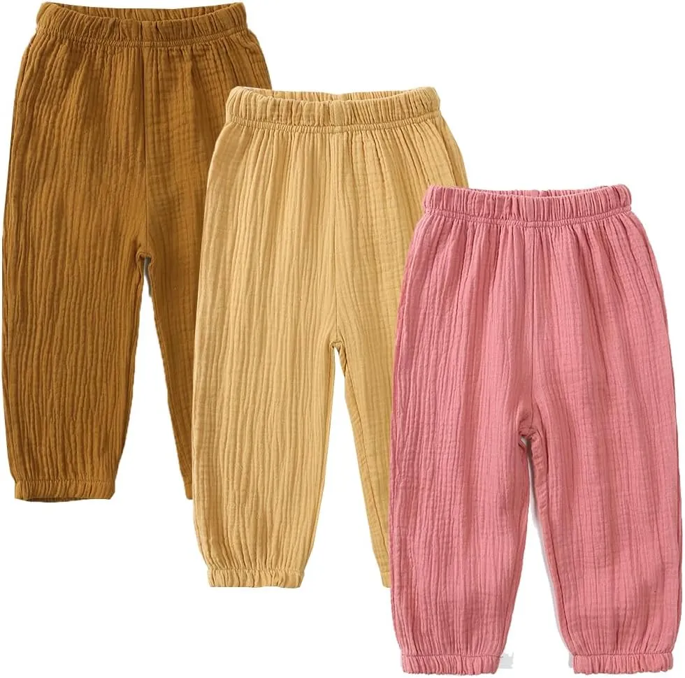 GFQLONG Toddler Baby Girls 3 Pack Elastic Waist Pants Soft Cotton Linen Harem Bloomers Summer Fall Long Pants