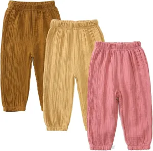 GFQLONG Toddler Baby Girls 3 Pack Elastic Waist Pants Soft Cotton Linen Harem Bloomers Summer Fall Long Pants