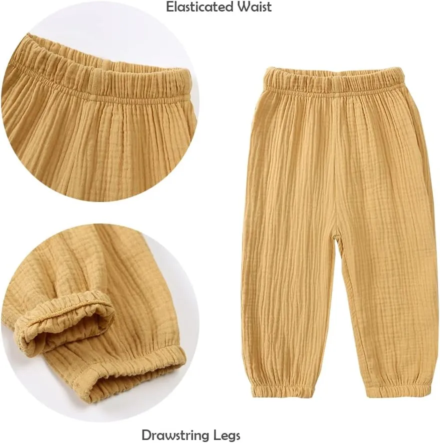 GFQLONG Toddler Baby Girls 3 Pack Elastic Waist Pants Soft Cotton Linen Harem Bloomers Summer Fall Long Pants