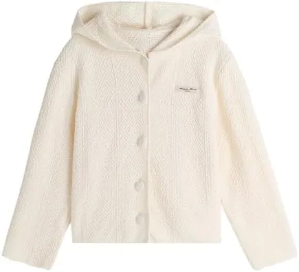 Girl's Cable Knit Zip Up Cardigan Letter Patched Long Sleeve Hooded Sweatshirt