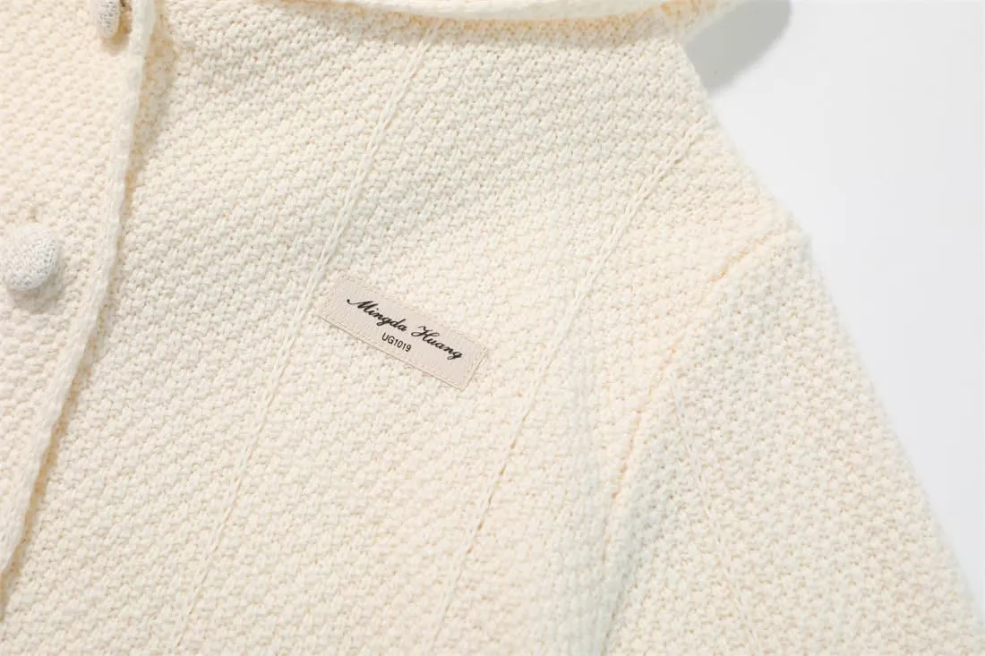 Girl's Cable Knit Zip Up Cardigan Letter Patched Long Sleeve Hooded Sweatshirt