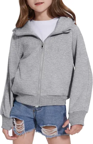 Girls Zip Up Cropped Hoodies Long Sleeve Casual Sweatshirts Jacket with Pockets Thumb Hole 4-12 Years