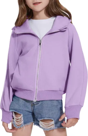 Girls Zip Up Cropped Hoodies Long Sleeve Casual Sweatshirts Jacket with Pockets Thumb Hole 4-12 Years