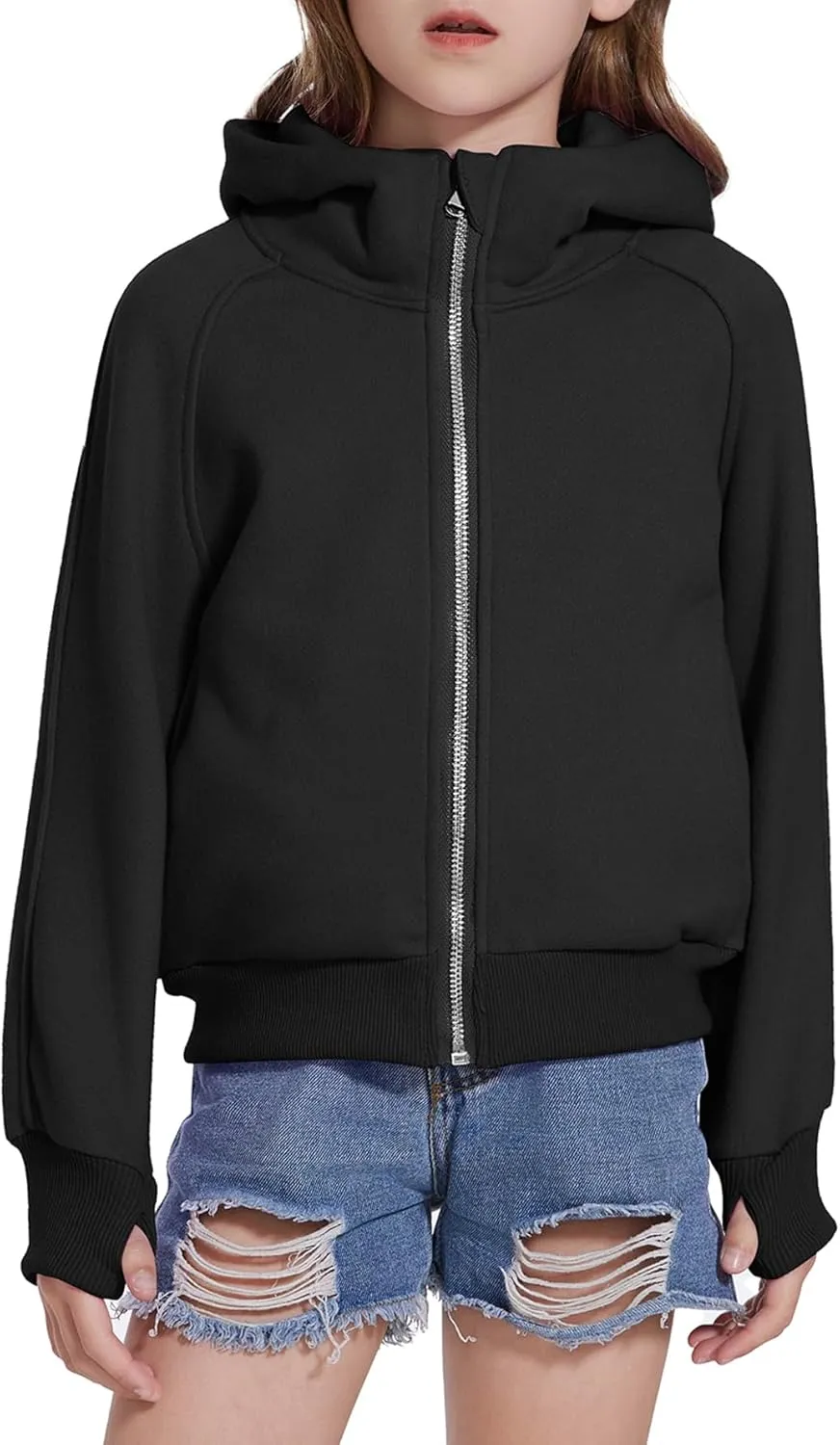 Girls Zip Up Cropped Hoodies Long Sleeve Casual Sweatshirts Jacket with Pockets Thumb Hole 4-12 Years