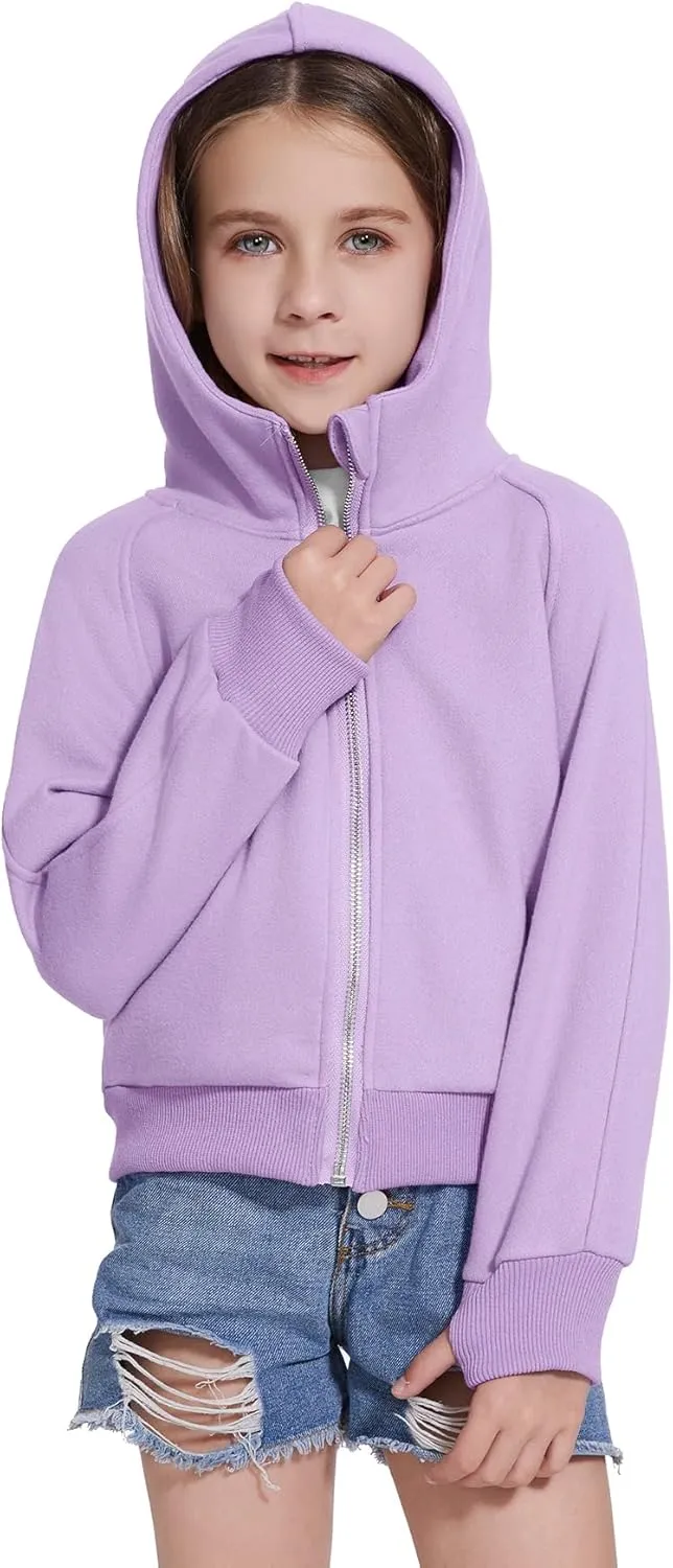 Girls Zip Up Cropped Hoodies Long Sleeve Casual Sweatshirts Jacket with Pockets Thumb Hole 4-12 Years
