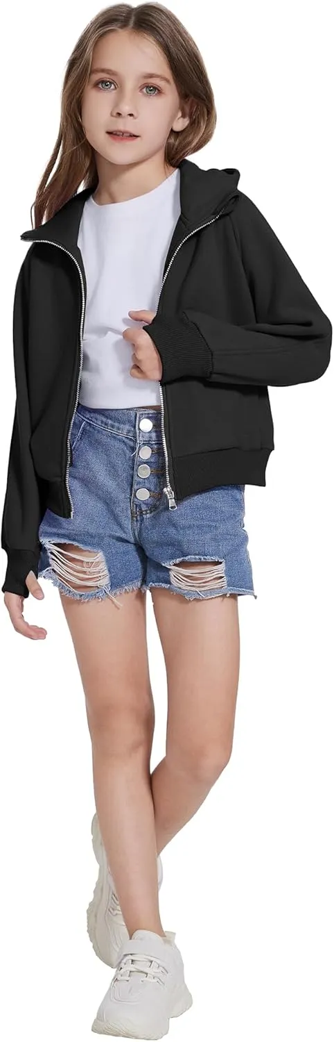 Girls Zip Up Cropped Hoodies Long Sleeve Casual Sweatshirts Jacket with Pockets Thumb Hole 4-12 Years
