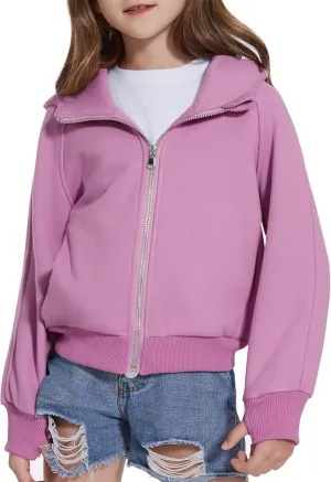 Girls Zip Up Cropped Hoodies Long Sleeve Casual Sweatshirts Jacket with Pockets Thumb Hole 4-12 Years