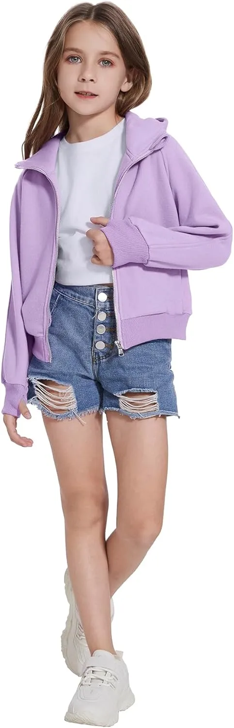 Girls Zip Up Cropped Hoodies Long Sleeve Casual Sweatshirts Jacket with Pockets Thumb Hole 4-12 Years