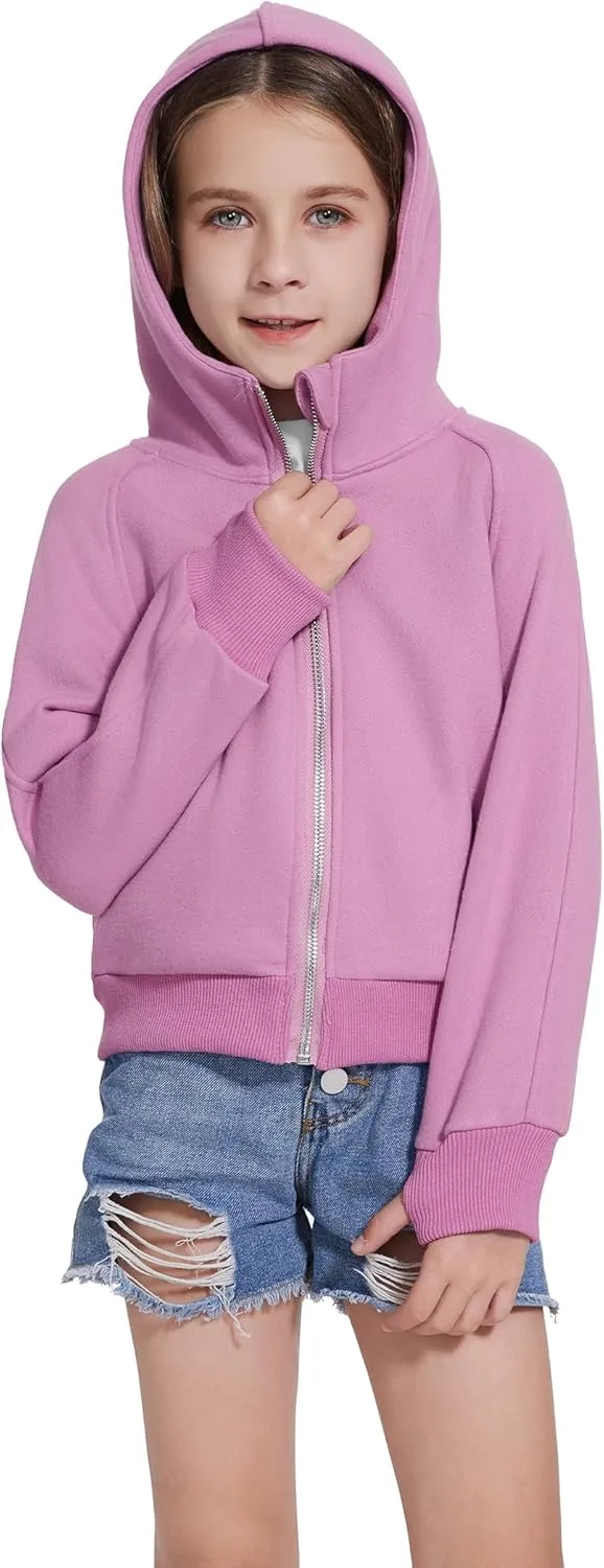 Girls Zip Up Cropped Hoodies Long Sleeve Casual Sweatshirts Jacket with Pockets Thumb Hole 4-12 Years