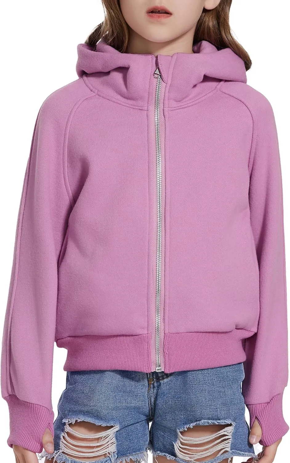 Girls Zip Up Cropped Hoodies Long Sleeve Casual Sweatshirts Jacket with Pockets Thumb Hole 4-12 Years