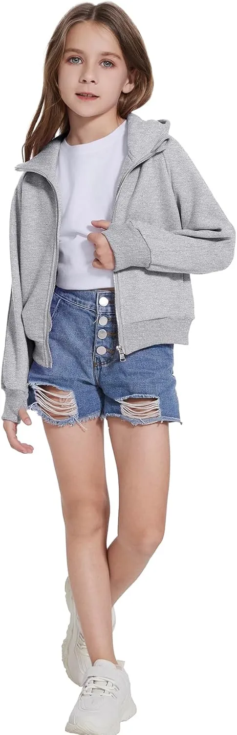 Girls Zip Up Cropped Hoodies Long Sleeve Casual Sweatshirts Jacket with Pockets Thumb Hole 4-12 Years