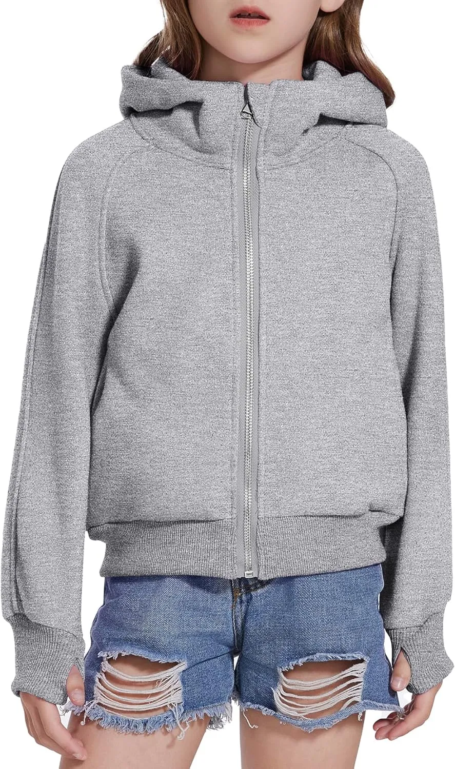 Girls Zip Up Cropped Hoodies Long Sleeve Casual Sweatshirts Jacket with Pockets Thumb Hole 4-12 Years