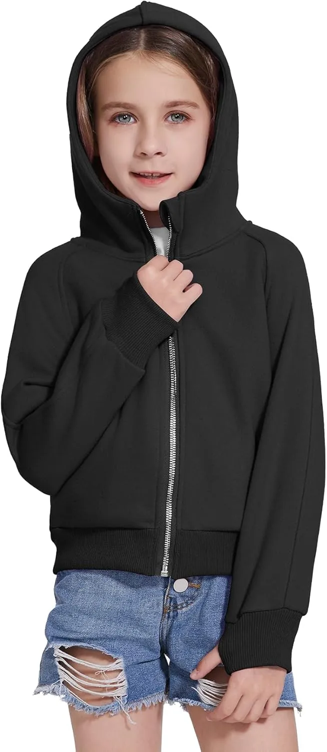 Girls Zip Up Cropped Hoodies Long Sleeve Casual Sweatshirts Jacket with Pockets Thumb Hole 4-12 Years