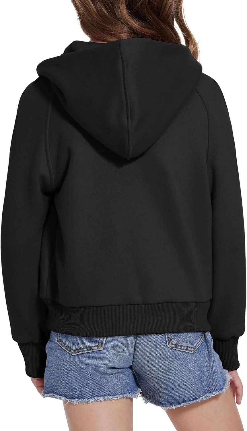 Girls Zip Up Cropped Hoodies Long Sleeve Casual Sweatshirts Jacket with Pockets Thumb Hole 4-12 Years