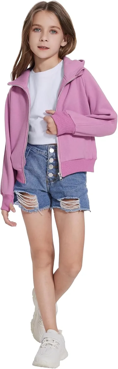 Girls Zip Up Cropped Hoodies Long Sleeve Casual Sweatshirts Jacket with Pockets Thumb Hole 4-12 Years