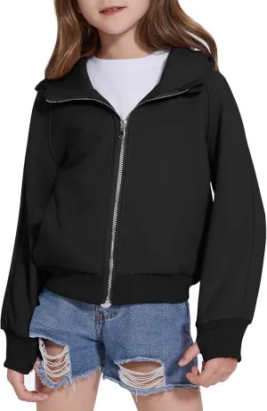 Girls Zip Up Cropped Hoodies Long Sleeve Casual Sweatshirts Jacket with Pockets Thumb Hole 4-12 Years