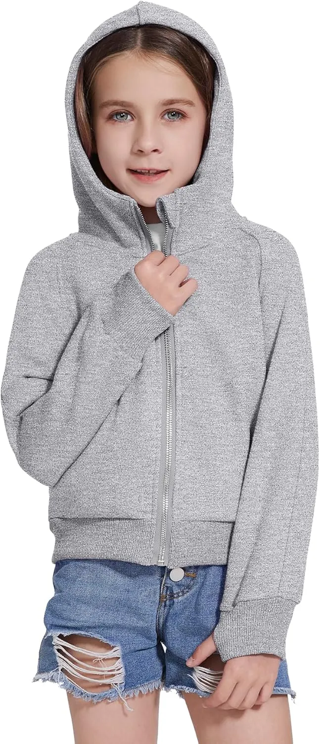 Girls Zip Up Cropped Hoodies Long Sleeve Casual Sweatshirts Jacket with Pockets Thumb Hole 4-12 Years