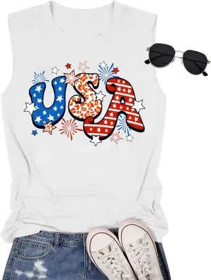 Gnome 4th of July Tank Top Women Patriotic USA Flag Shirt American Flag Sleeveless Tee