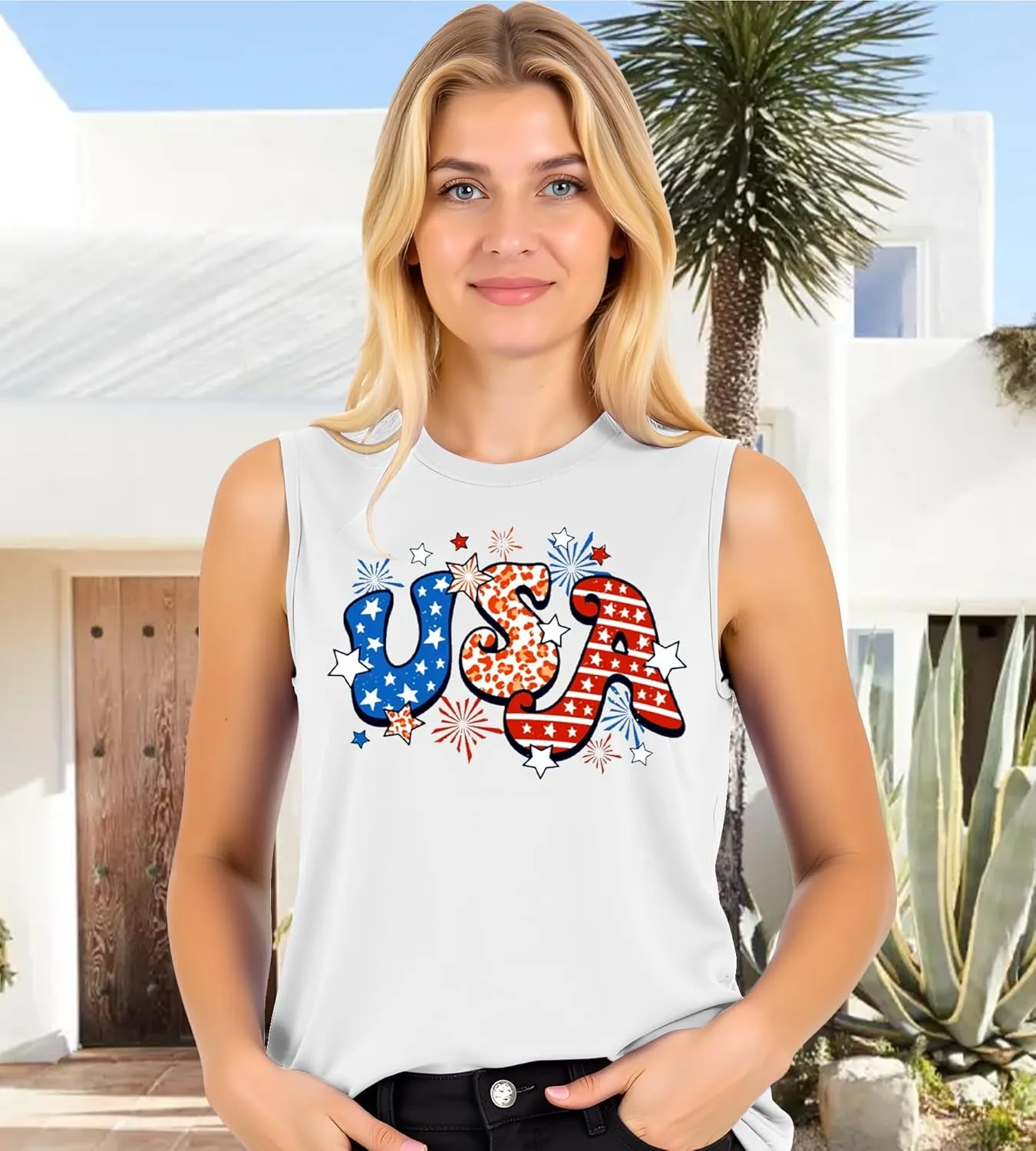 Gnome 4th of July Tank Top Women Patriotic USA Flag Shirt American Flag Sleeveless Tee