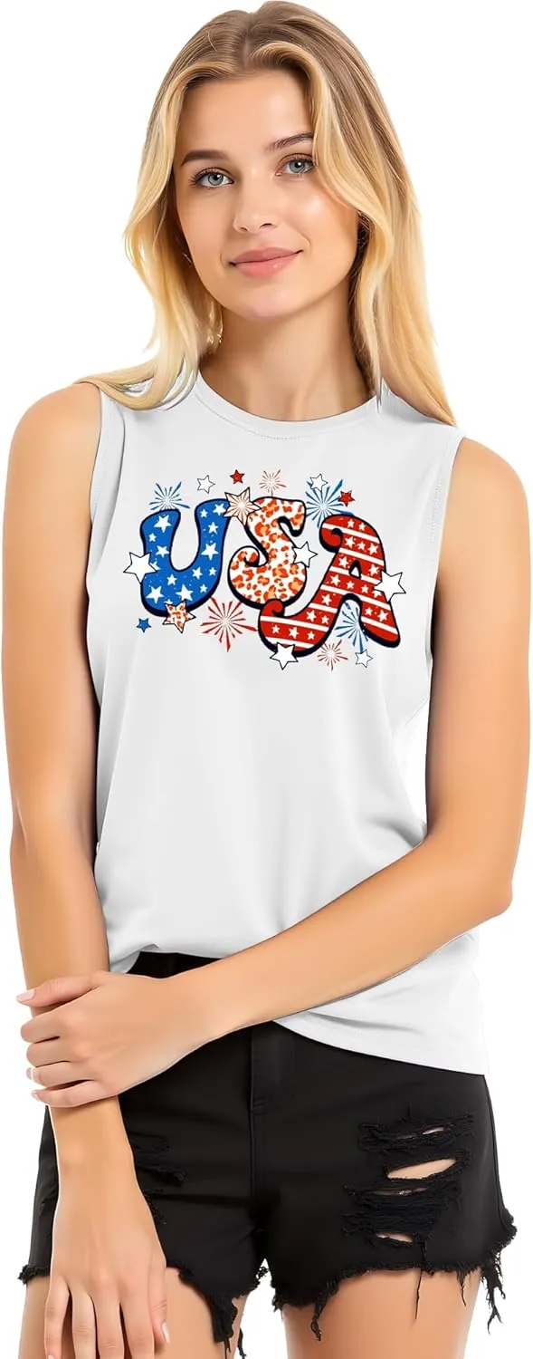 Gnome 4th of July Tank Top Women Patriotic USA Flag Shirt American Flag Sleeveless Tee