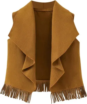 GORGLITTER Girl's Fringe Sleeveless Blazer Open Front Coat