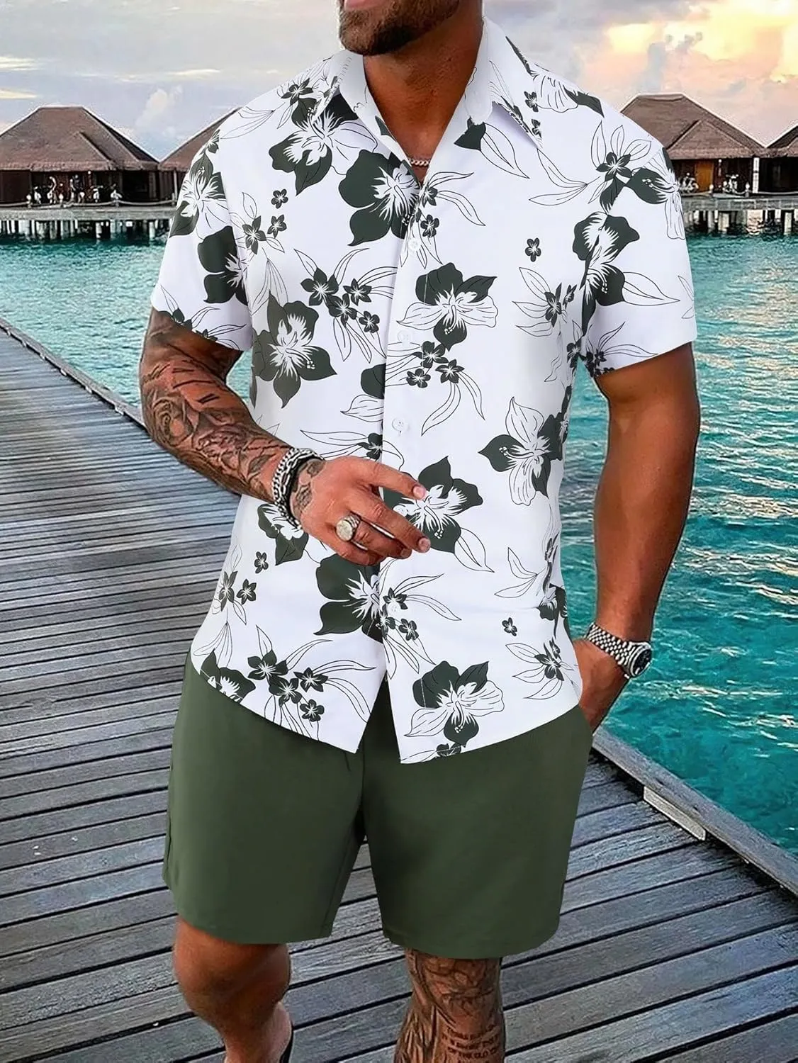 GORGLITTER Men's Vacation Beach Outfits 2 Piece Shorts Set Floral Hawaiian Button Down Shirt and Shorts