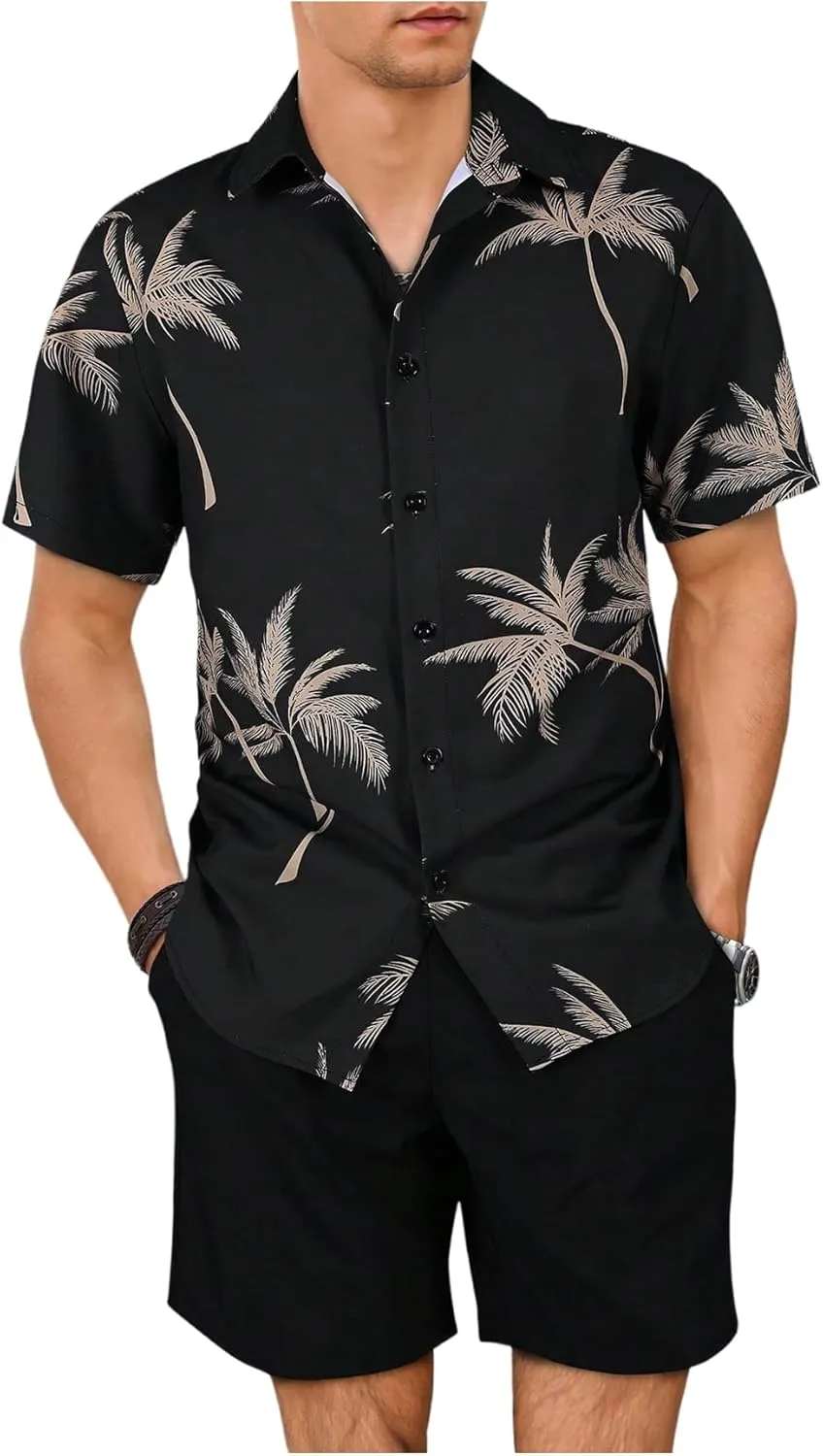 GORGLITTER Men's Vacation Beach Outfits 2 Piece Shorts Set Floral Hawaiian Button Down Shirt and Shorts