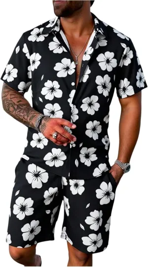 GORGLITTER Men's Vacation Beach Outfits 2 Piece Shorts Set Floral Hawaiian Button Down Shirt and Shorts