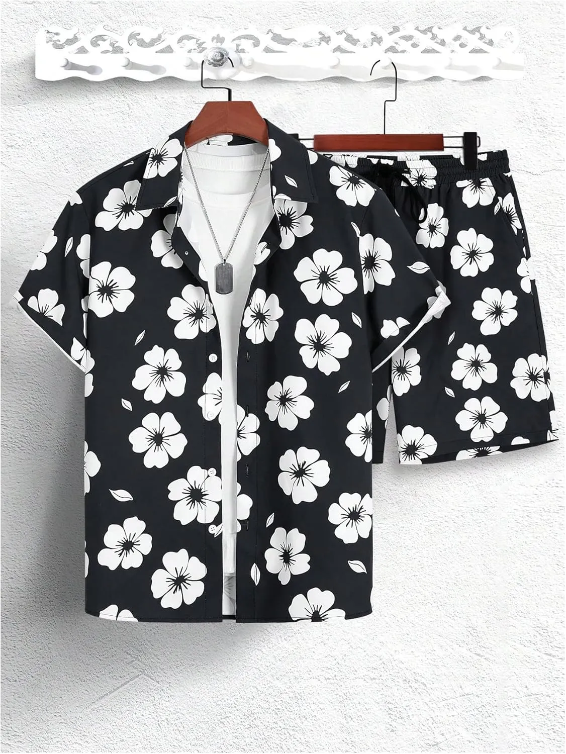 GORGLITTER Men's Vacation Beach Outfits 2 Piece Shorts Set Floral Hawaiian Button Down Shirt and Shorts