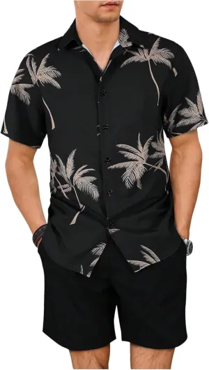 GORGLITTER Men's Vacation Beach Outfits 2 Piece Shorts Set Floral Hawaiian Button Down Shirt and Shorts