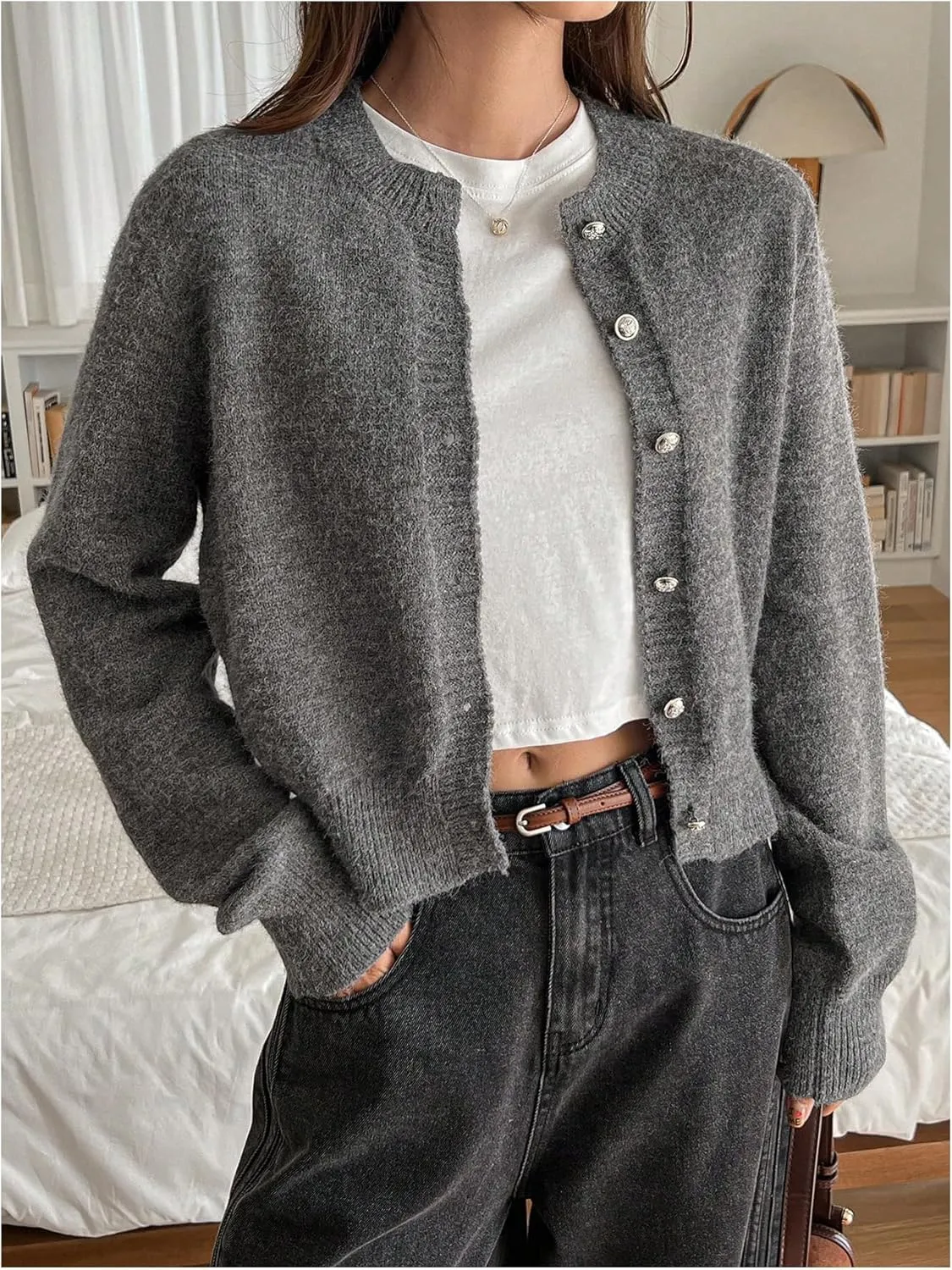 GORGLITTER Women's Bow Knot Lightweight Cardigan Dressy Long Sleeve Knit Tops Casual Color Block Button Front Sweater
