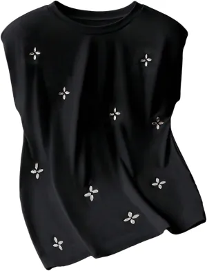 GORGLITTER Women's Pearl Beaded Top Summer Outfits 2025 Sleeveless Shoulder Pad Tee T-Shirt