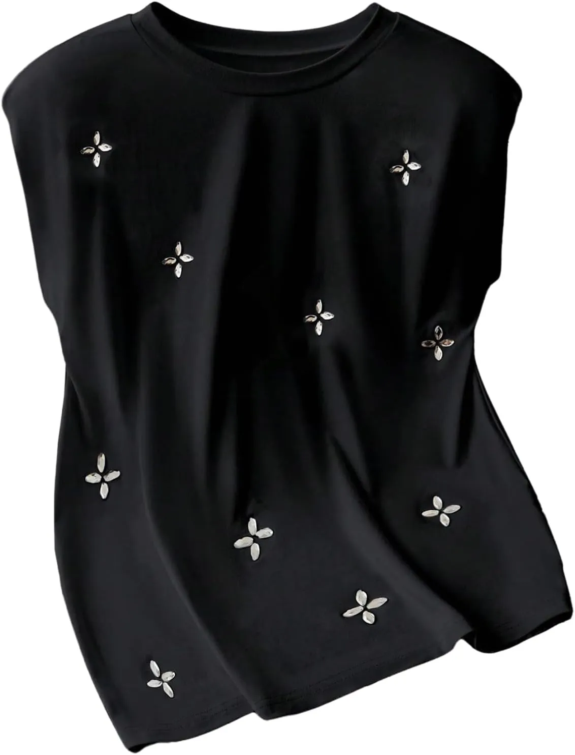 GORGLITTER Women's Pearl Beaded Top Summer Outfits 2025 Sleeveless Shoulder Pad Tee T-Shirt
