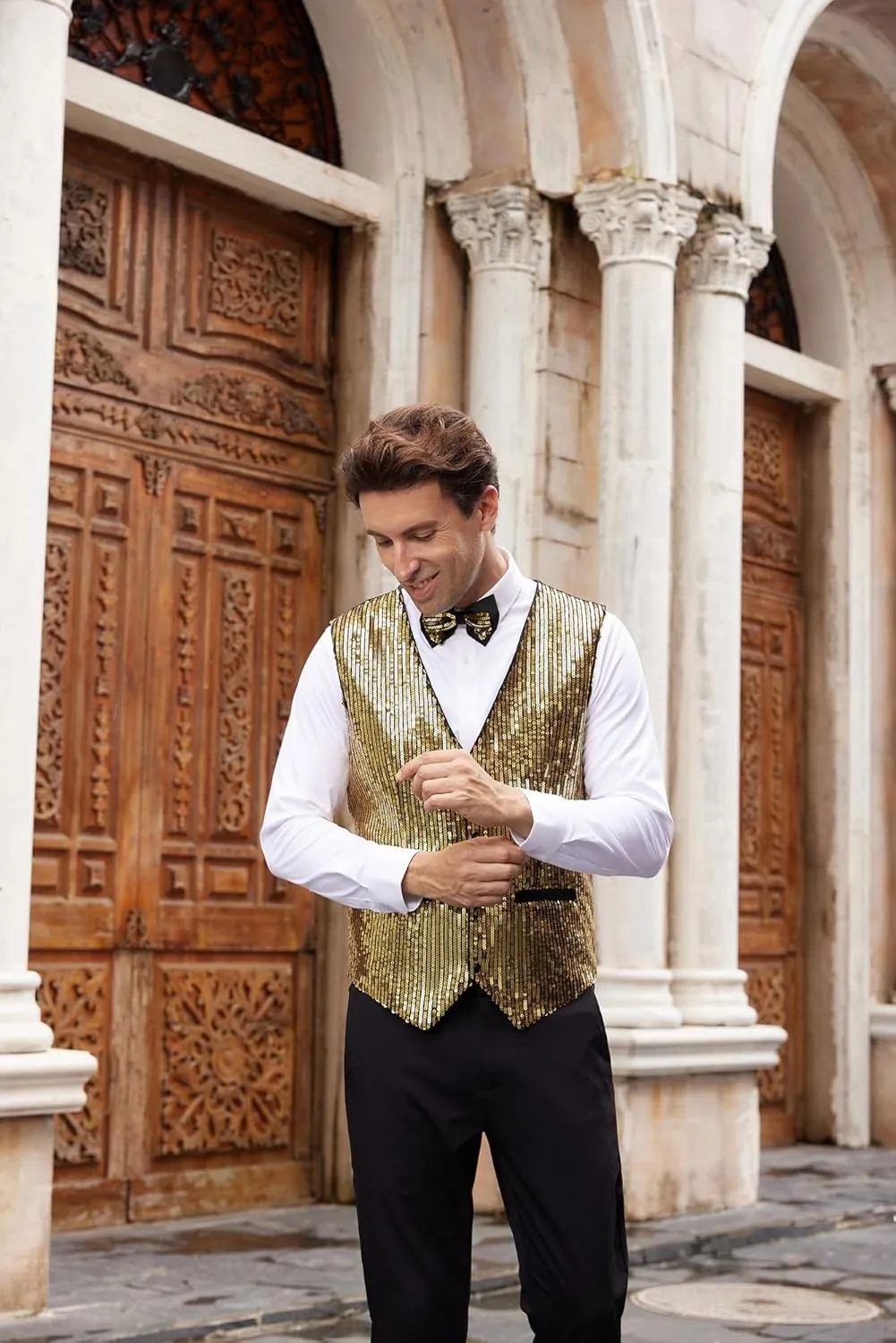 GRACE KARIN Mens Sequin Vest Slim Fit Shiny Dress Waistcoat Bowtie Set for Wedding Prom Party