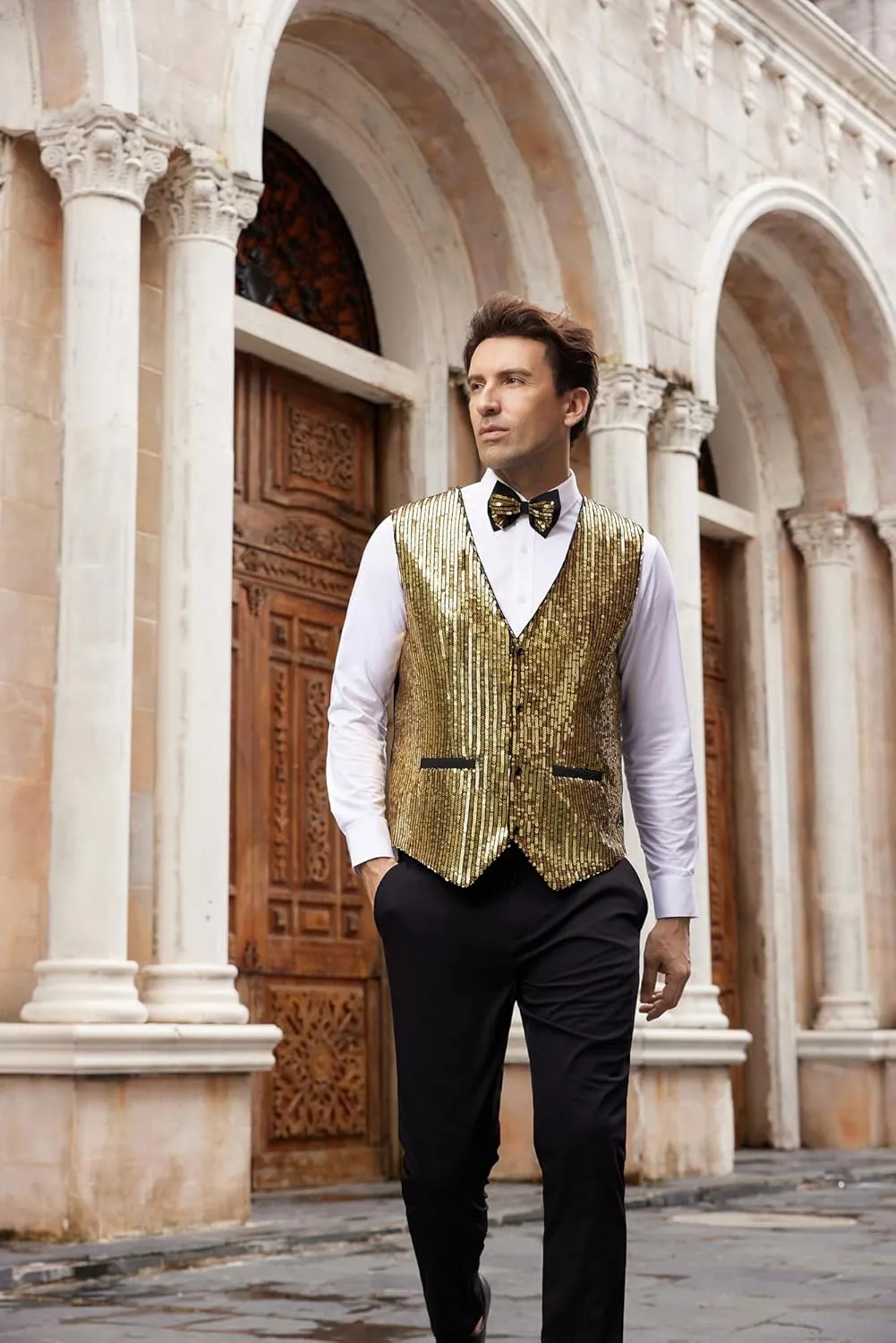 GRACE KARIN Mens Sequin Vest Slim Fit Shiny Dress Waistcoat Bowtie Set for Wedding Prom Party