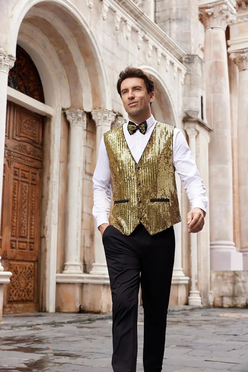 GRACE KARIN Mens Sequin Vest Slim Fit Shiny Dress Waistcoat Bowtie Set for Wedding Prom Party