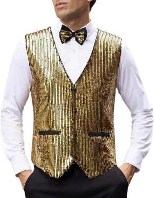 GRACE KARIN Mens Sequin Vest Slim Fit Shiny Dress Waistcoat Bowtie Set for Wedding Prom Party