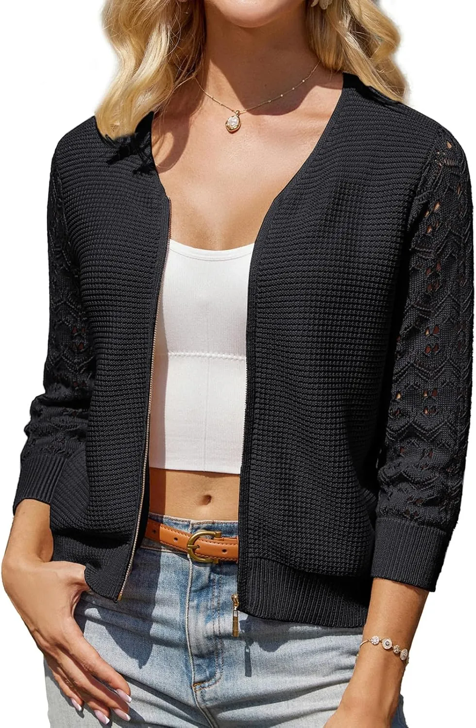 GRACE KARIN Womens Lightweight Summer Cardigan 3/4 Sleeve Cropped Cardigan Dressy Zip Up Cardigans Jacket