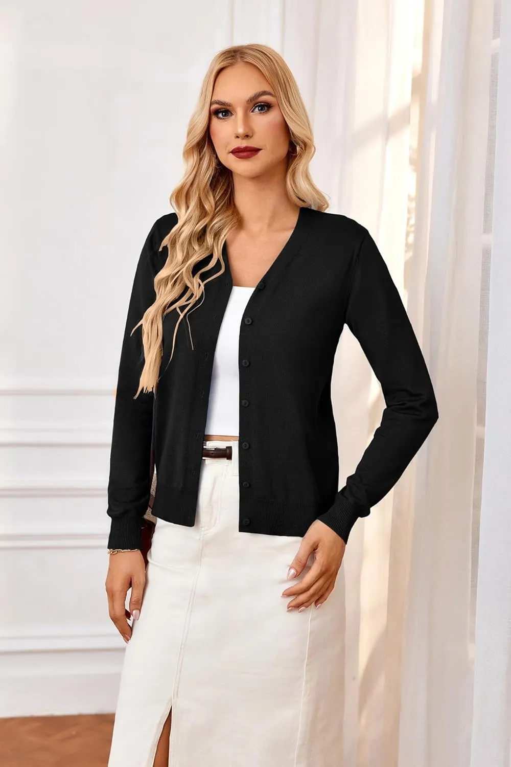 GRACE KARIN Women's Long Sleeve Button Down Vee Neck Classic Sweater Knit Cardigan