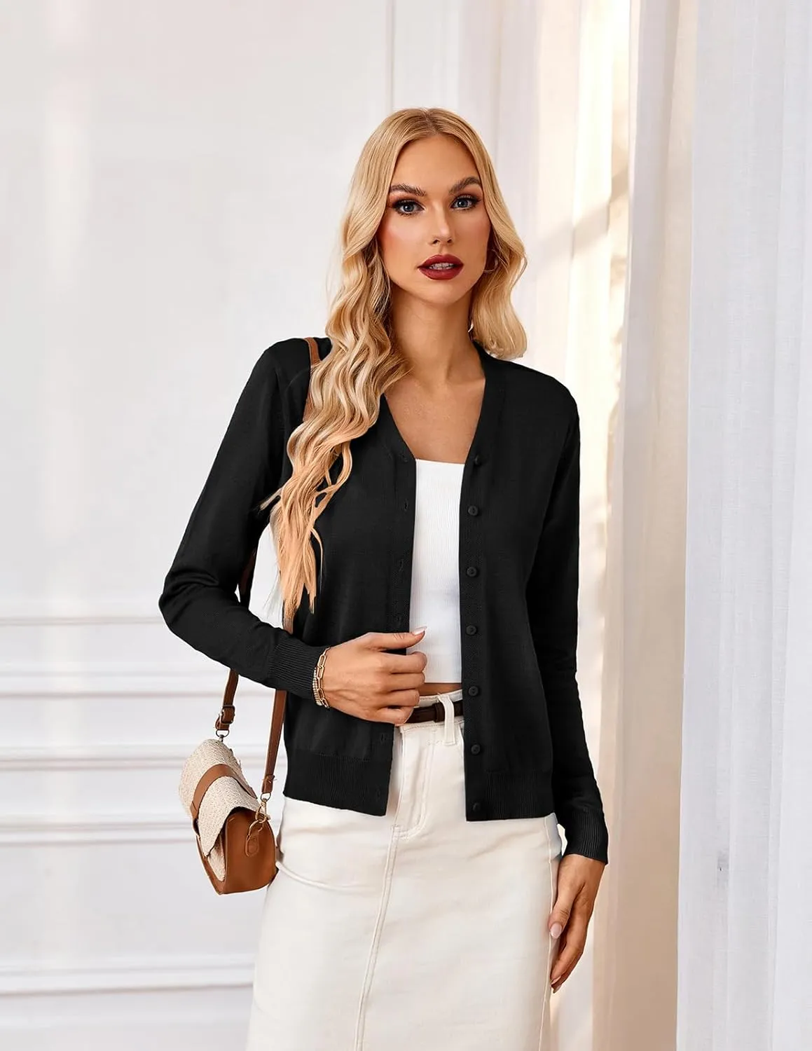 GRACE KARIN Women's Long Sleeve Button Down Vee Neck Classic Sweater Knit Cardigan