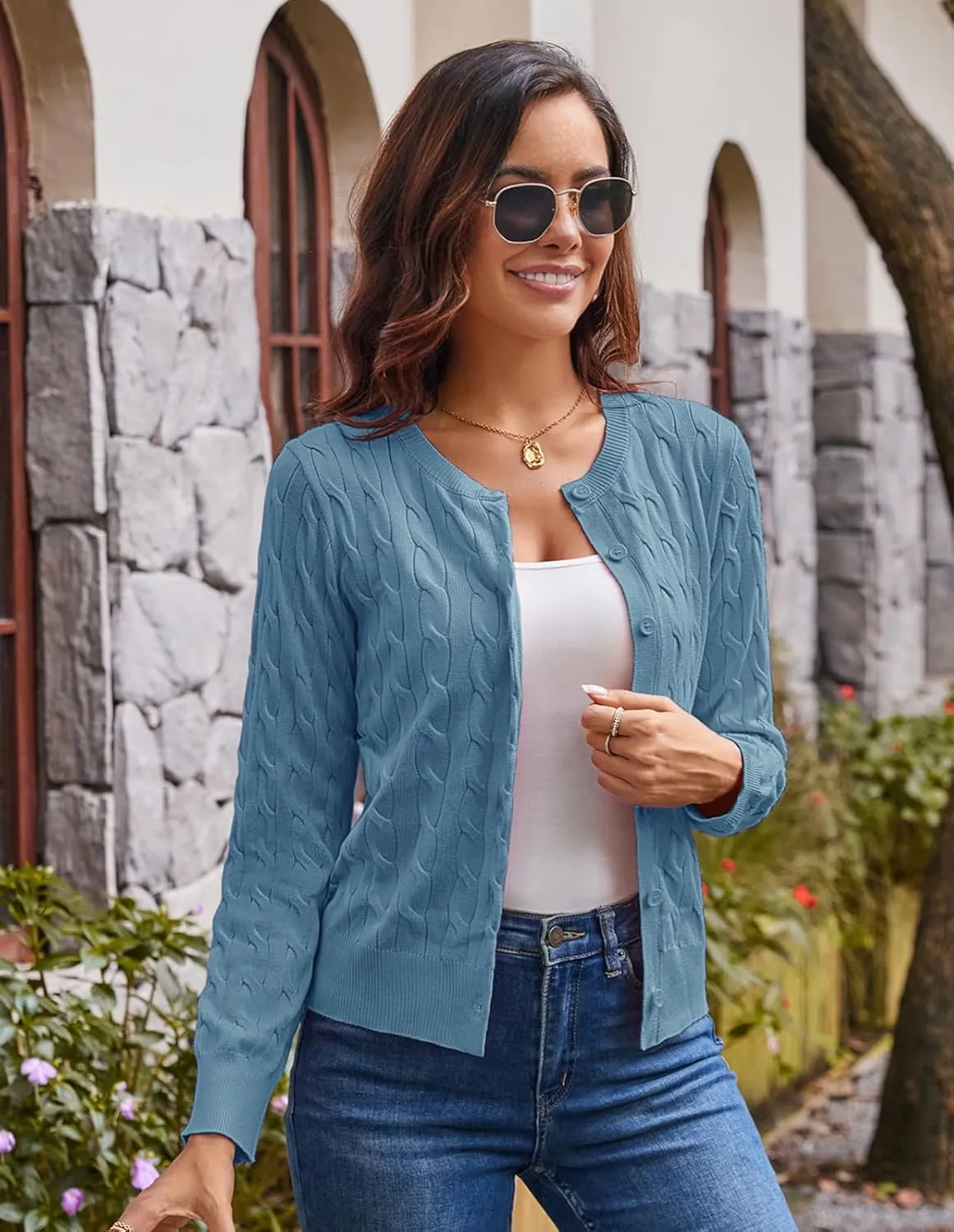 GRACE KARIN Women's Long Sleeve Button Up Cable Knit Cardigan Lightweight 2025 Crewneck Button Down Sweaters for Women